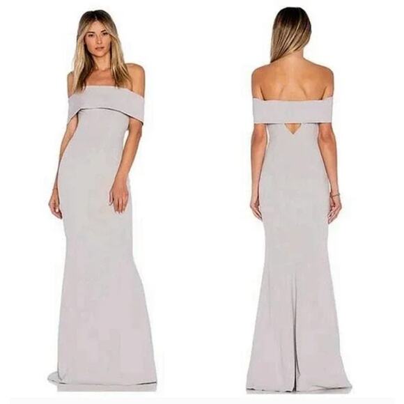 Katie May Legacy Maxi Gown Dress Off The Shoulder Dove Gray Womens Size 6 - Picture 1 of 15
